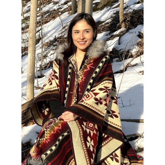 Red Alpaca Poncho with Faux Fur Hood - Picture 4 of 5